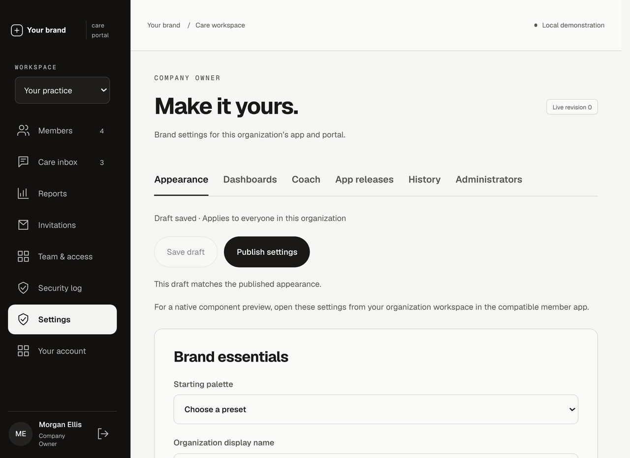 Example organization settings with brand controls and an interactive draft preview.