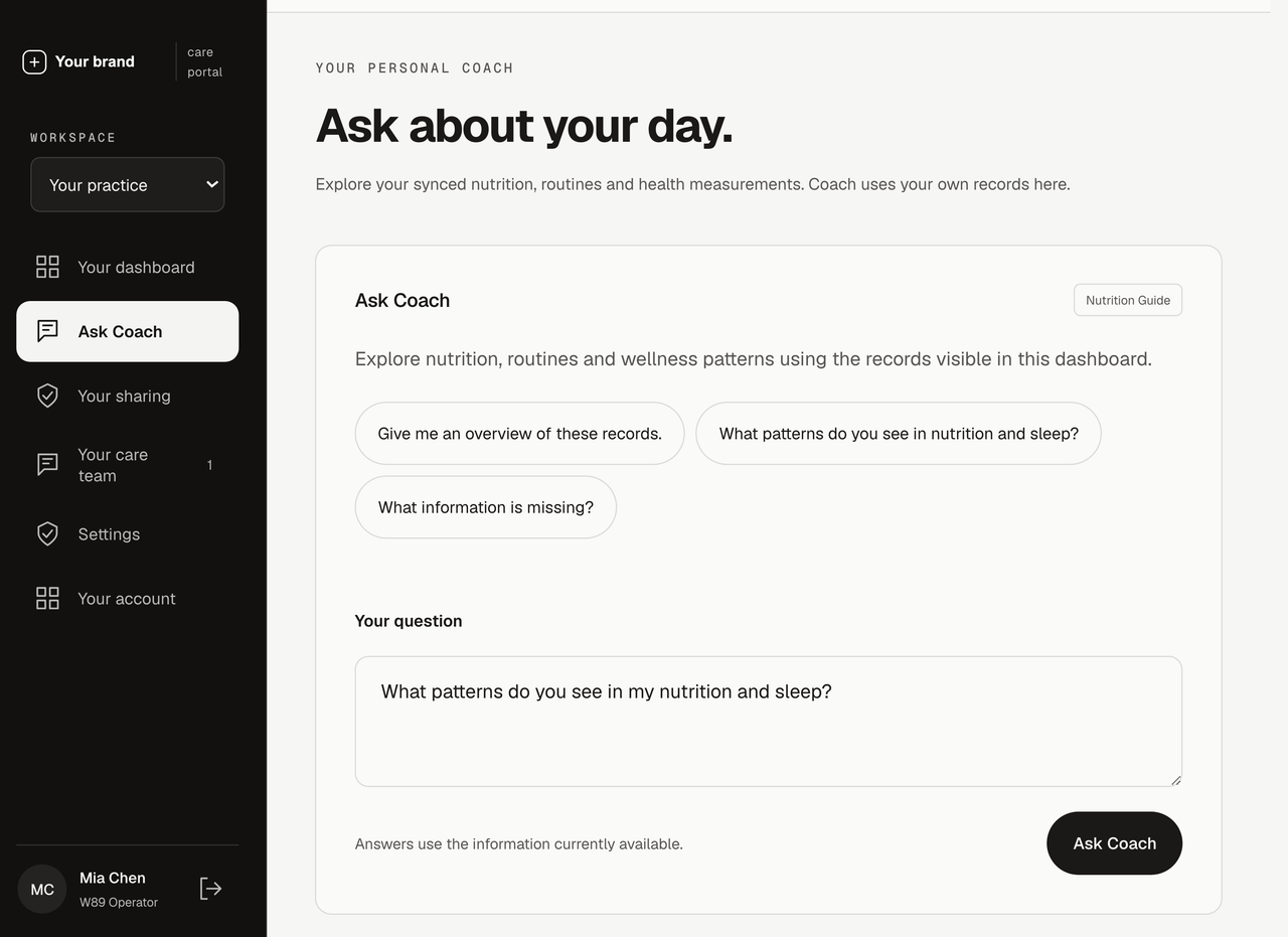 Example Ask Coach screen with an example question entered; no AI request or answer has been generated.