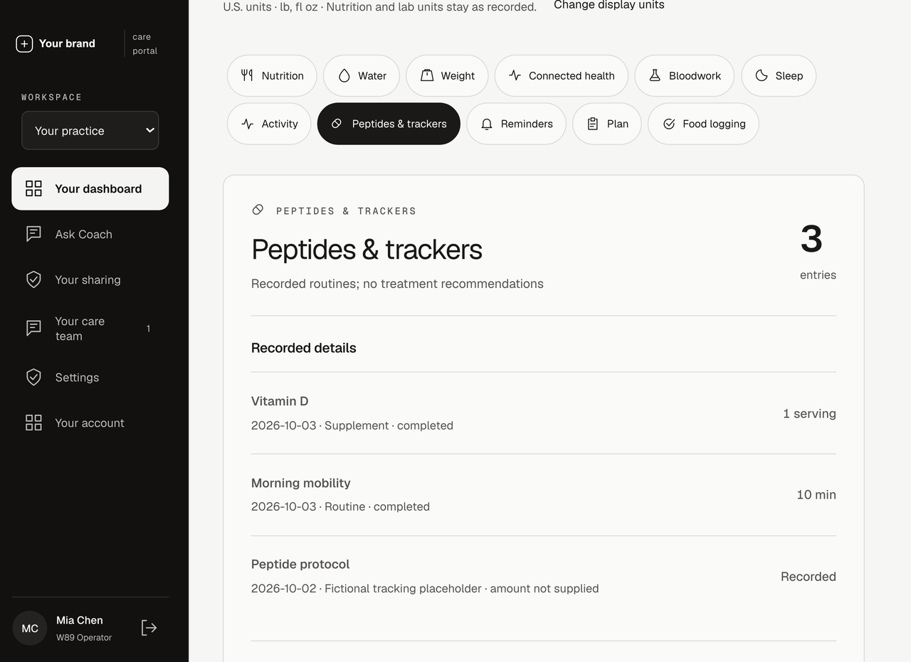 Example tracker screen with fictional supplement and daily routine records.