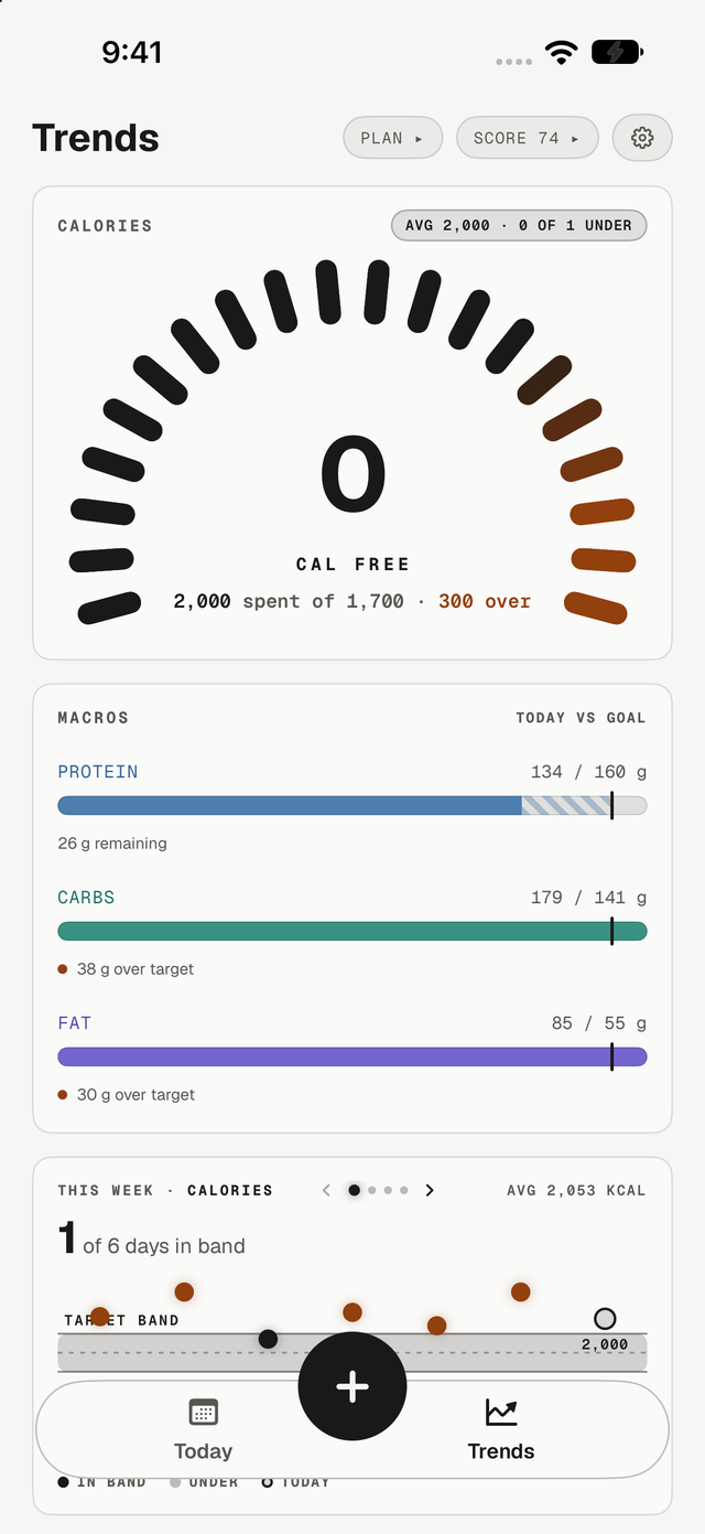 Member iPhone app with fictional nutrition and macro records.